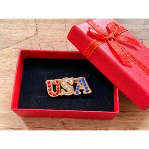USA Patriotic Pin Brooch Gold-Tone With Red White & Blue Crystals In Gift Box